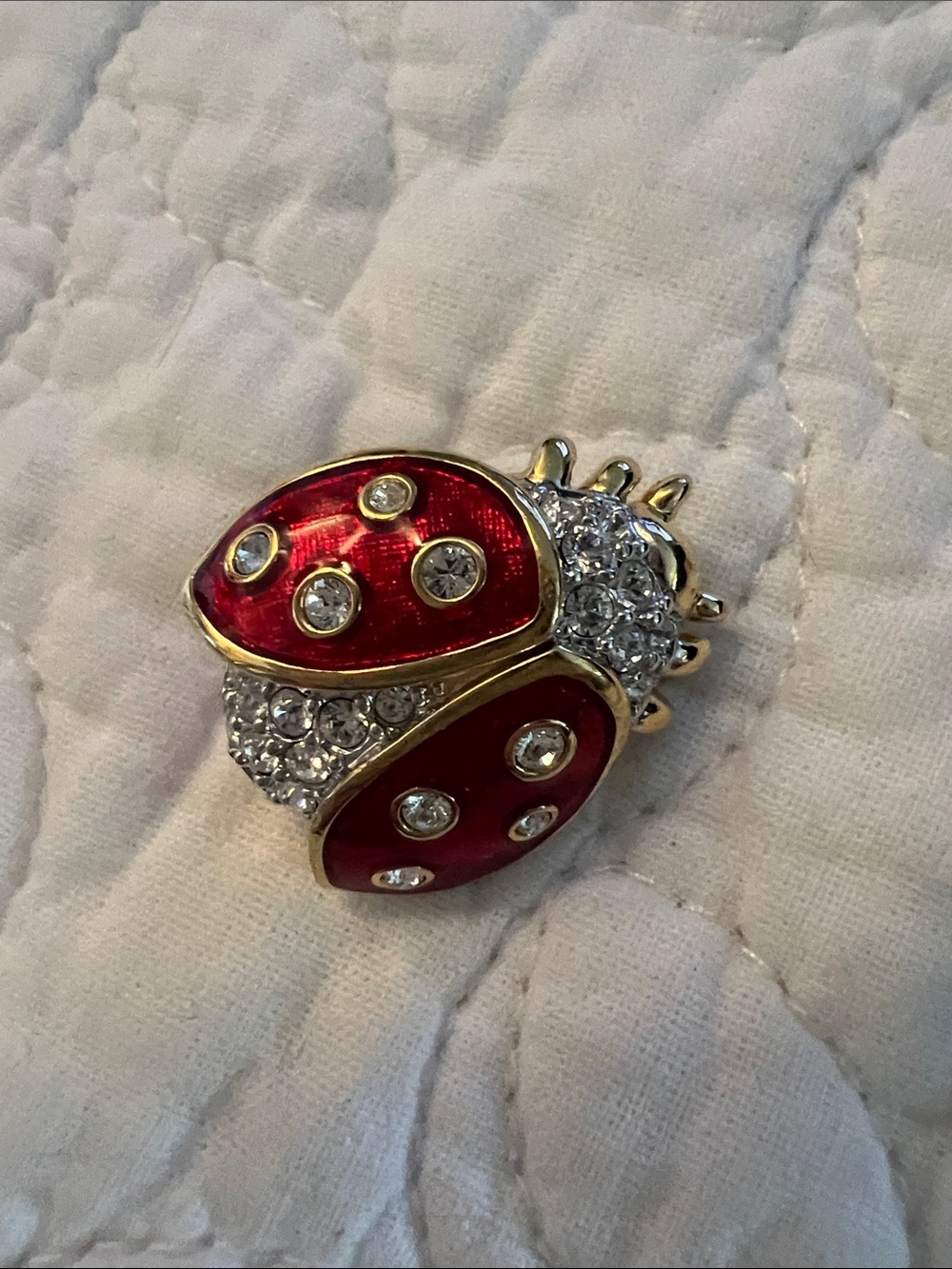 Red Crystal Ladybug Swarovski Brooch Pin - Gold Tone